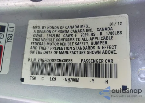 2012 Honda Civic Ex from USA, damaged, VIN 2HGFG3B86CH530355